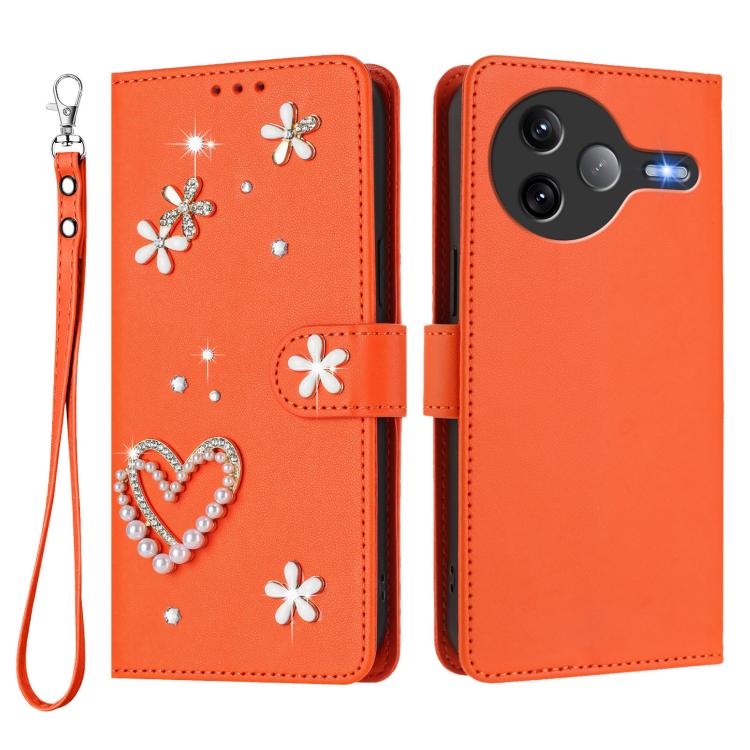 For Xiaomi Poco F7 Ultra 5G / Redmi K80 Pro ZS01 Double-Layer Heart Floral Vegan Leather Phone Case with Wrist Strap