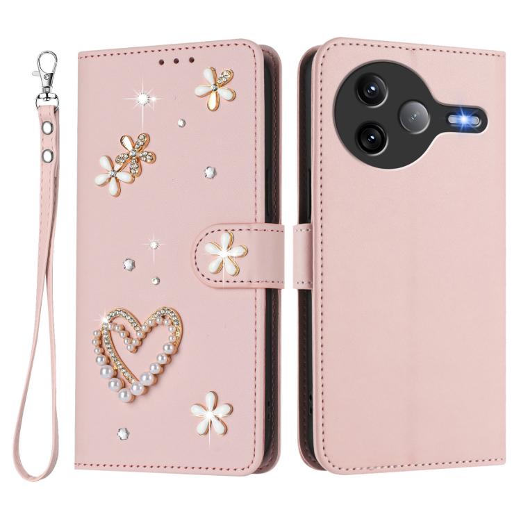 For Xiaomi Poco F7 Ultra 5G / Redmi K80 Pro ZS01 Double-Layer Heart Floral Vegan Leather Phone Case with Wrist Strap