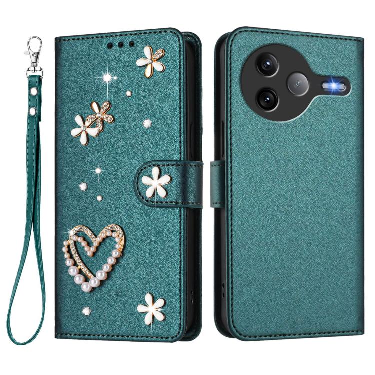 For Xiaomi Poco F7 Ultra 5G / Redmi K80 Pro ZS01 Double-Layer Heart Floral Vegan Leather Phone Case with Wrist Strap