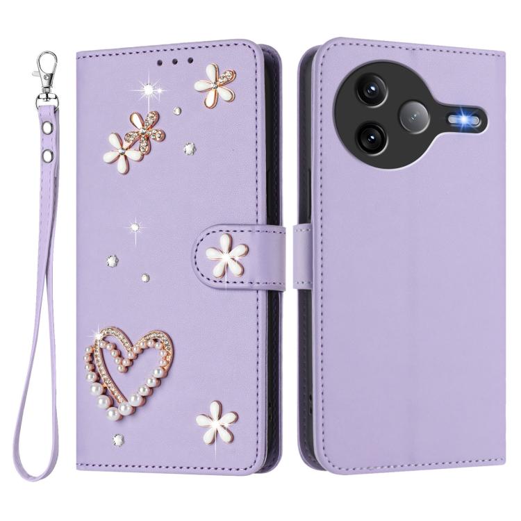 For Xiaomi Poco F7 Ultra 5G / Redmi K80 Pro ZS01 Double-Layer Heart Floral Vegan Leather Phone Case with Wrist Strap