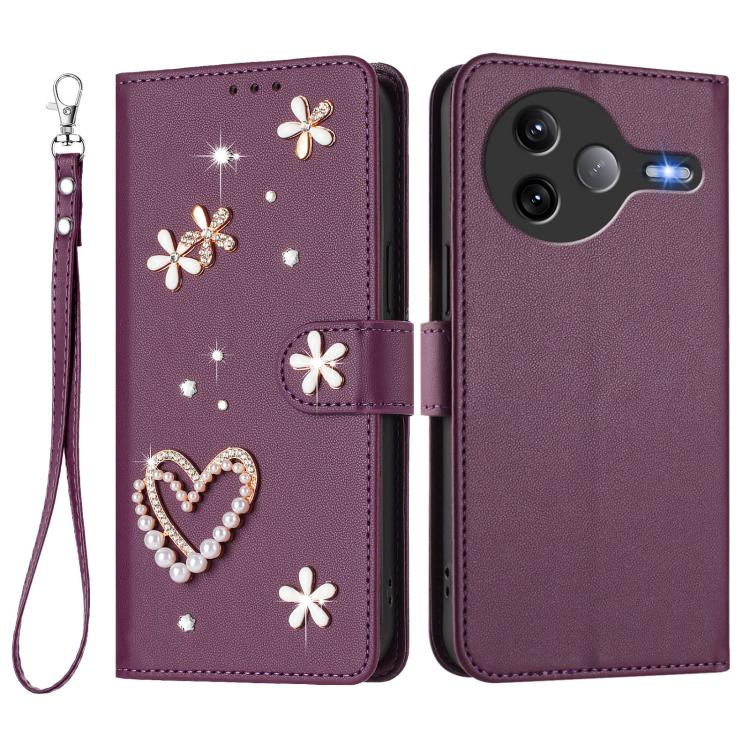 For Xiaomi Poco F7 Ultra 5G / Redmi K80 Pro ZS01 Double-Layer Heart Floral Vegan Leather Phone Case with Wrist Strap