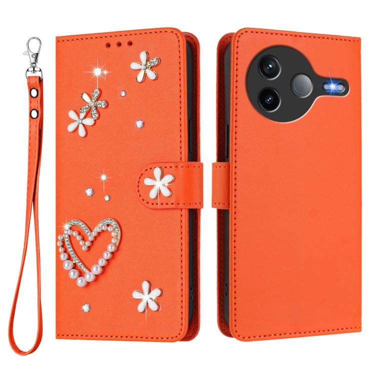 For Xiaomi Poco F7 Pro 5G / Redmi K80 ZS01 Double-Layer Heart Floral Vegan Leather Phone Case with Wrist Strap