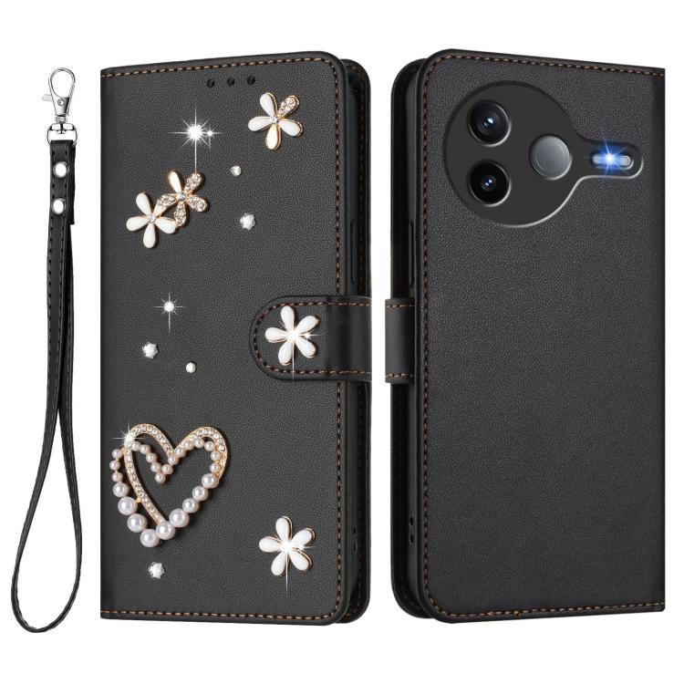 For Xiaomi Poco F7 Pro 5G / Redmi K80 ZS01 Double-Layer Heart Floral Vegan Leather Phone Case with Wrist Strap
