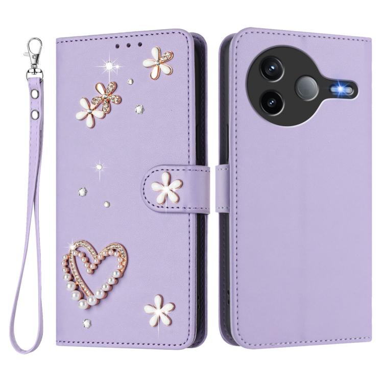 For Xiaomi Poco F7 Pro 5G / Redmi K80 ZS01 Double-Layer Heart Floral Vegan Leather Phone Case with Wrist Strap