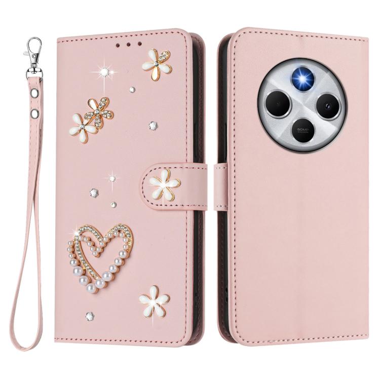 For Xiaomi Poco M7 5G / Poco C75 4G ZS01 Double-Layer Heart Floral Vegan Leather Phone Case with Wrist Strap