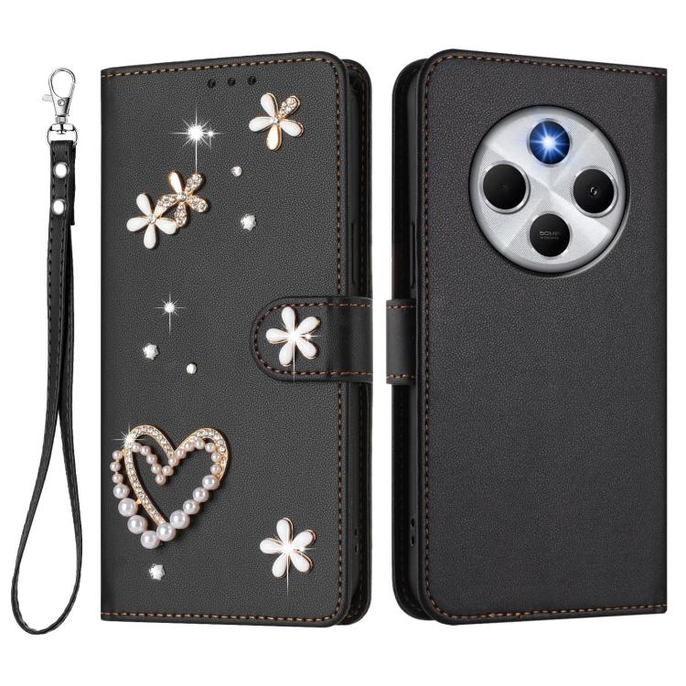 For Xiaomi Poco M7 5G / Poco C75 4G ZS01 Double-Layer Heart Floral Vegan Leather Phone Case with Wrist Strap