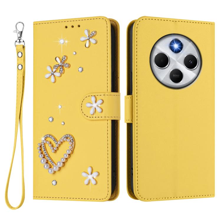 For Xiaomi Poco M7 5G / Poco C75 4G ZS01 Double-Layer Heart Floral Vegan Leather Phone Case with Wrist Strap