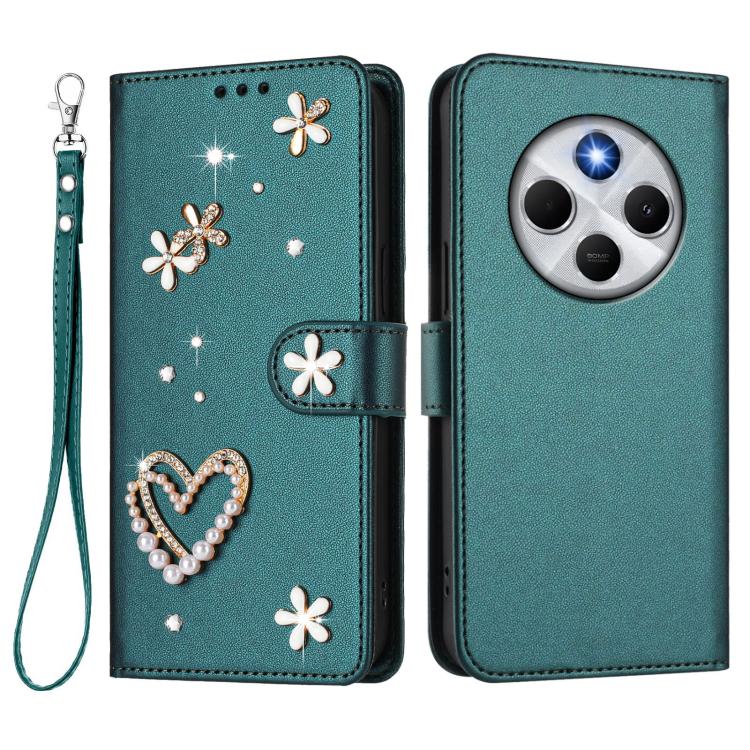 For Xiaomi Poco M7 5G / Poco C75 4G ZS01 Double-Layer Heart Floral Vegan Leather Phone Case with Wrist Strap