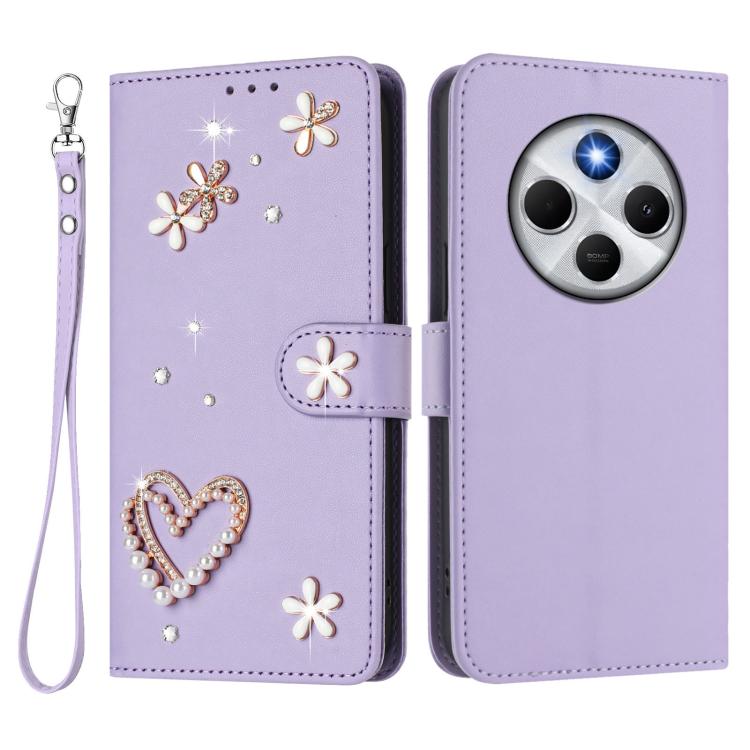 For Xiaomi Poco M7 5G / Poco C75 4G ZS01 Double-Layer Heart Floral Vegan Leather Phone Case with Wrist Strap