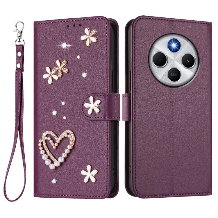 For Xiaomi Poco M7 5G / Poco C75 4G ZS01 Double-Layer Heart Floral Vegan Leather Phone Case with Wrist Strap