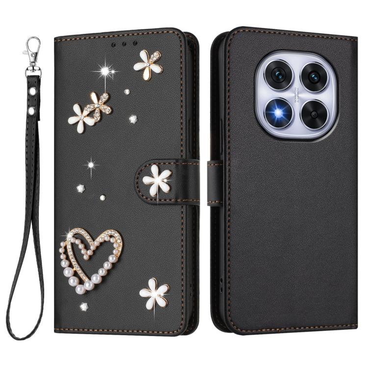 For Xiaomi Poco X7 5G / Redmi Note 14 Pro 5G ZS01 Double-Layer Heart Floral Vegan Leather Phone Case with Wrist Strap
