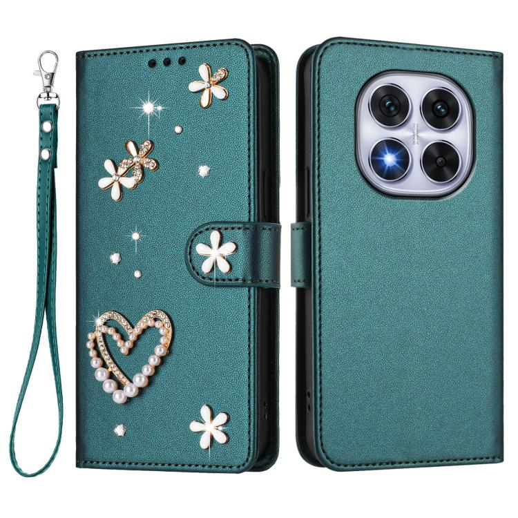 For Xiaomi Poco X7 5G / Redmi Note 14 Pro 5G ZS01 Double-Layer Heart Floral Vegan Leather Phone Case with Wrist Strap