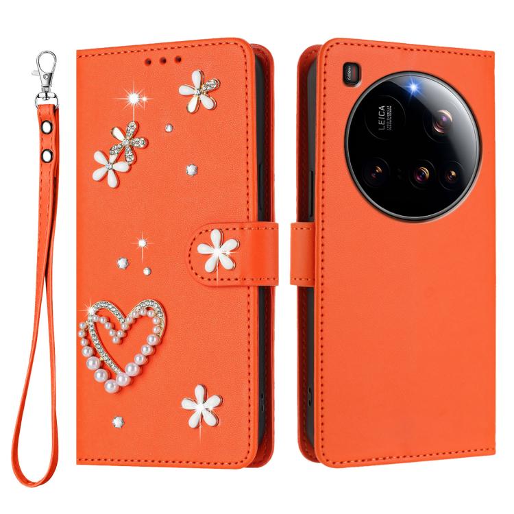 For Xiaomi 15 Ultra 5G ZS01 Double-Layer Heart Floral Vegan Leather Phone Case with Wrist Strap