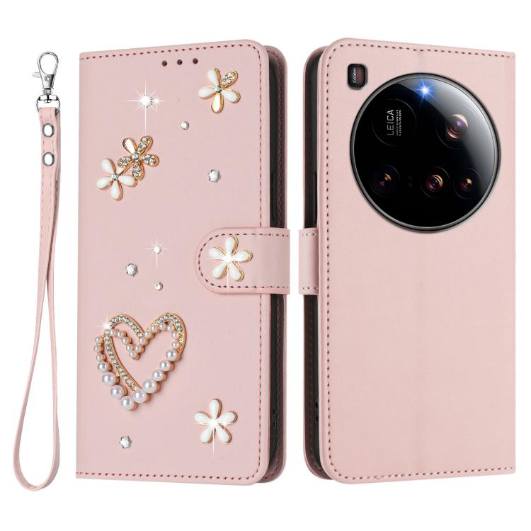 For Xiaomi 15 Ultra 5G ZS01 Double-Layer Heart Floral Vegan Leather Phone Case with Wrist Strap