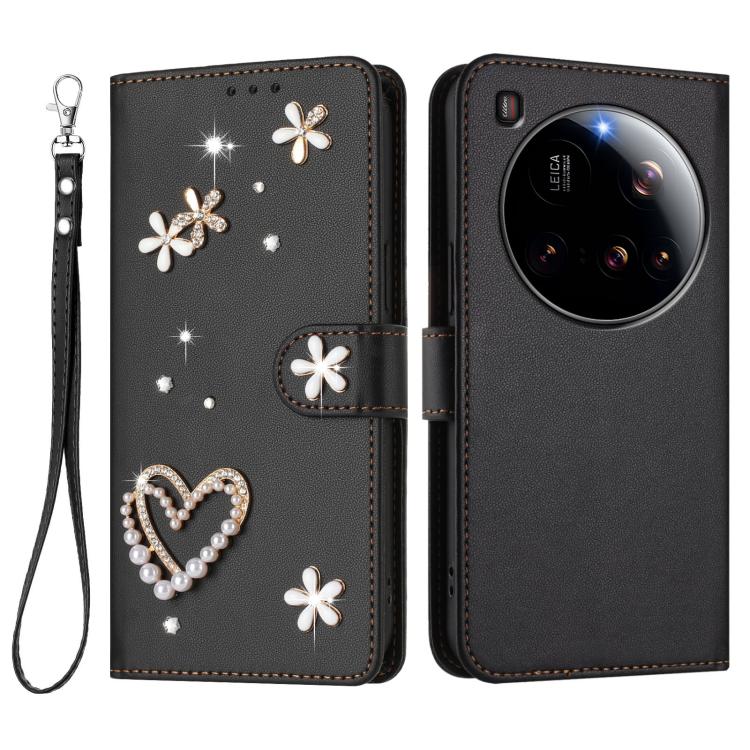 For Xiaomi 15 Ultra 5G ZS01 Double-Layer Heart Floral Vegan Leather Phone Case with Wrist Strap