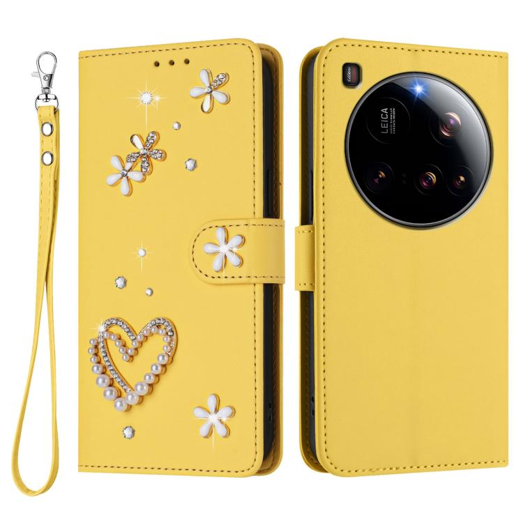 For Xiaomi 15 Ultra 5G ZS01 Double-Layer Heart Floral Vegan Leather Phone Case with Wrist Strap