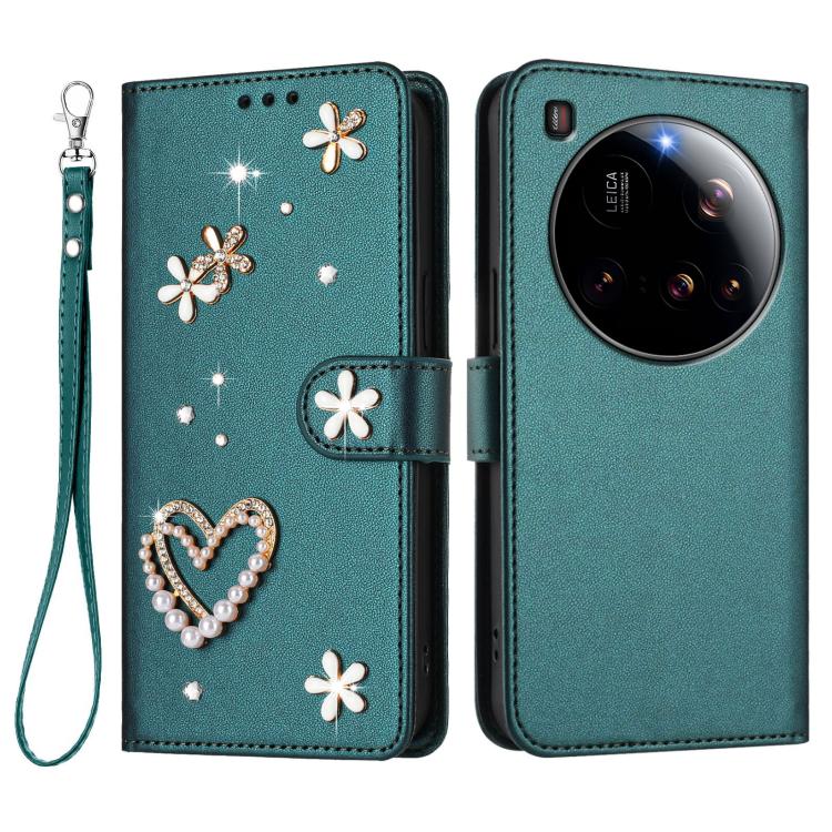 For Xiaomi 15 Ultra 5G ZS01 Double-Layer Heart Floral Vegan Leather Phone Case with Wrist Strap