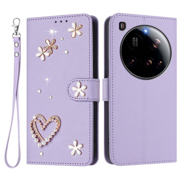 For Xiaomi 15 Ultra 5G ZS01 Double-Layer Heart Floral Vegan Leather Phone Case with Wrist Strap