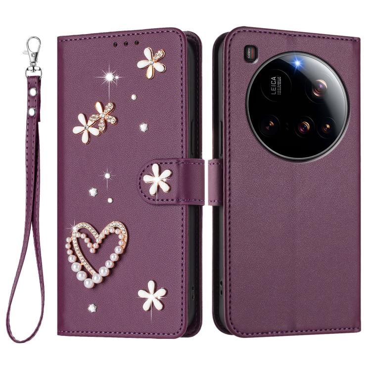 For Xiaomi 15 Ultra 5G ZS01 Double-Layer Heart Floral Vegan Leather Phone Case with Wrist Strap