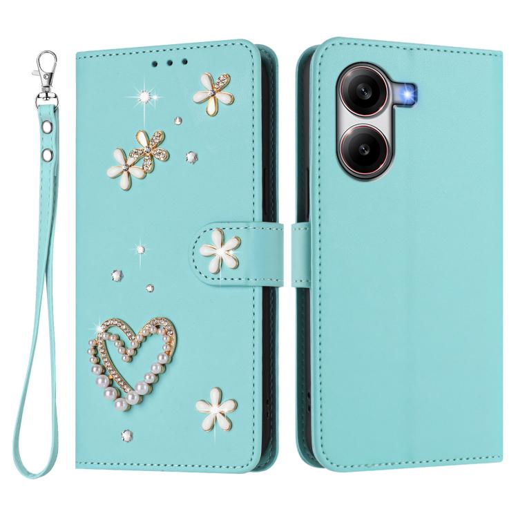 For Xiaomi Poco X7 Pro 5G / Redmi Turbo 4 ZS01 Double-Layer Heart Floral Vegan Leather Phone Case with Wrist Strap