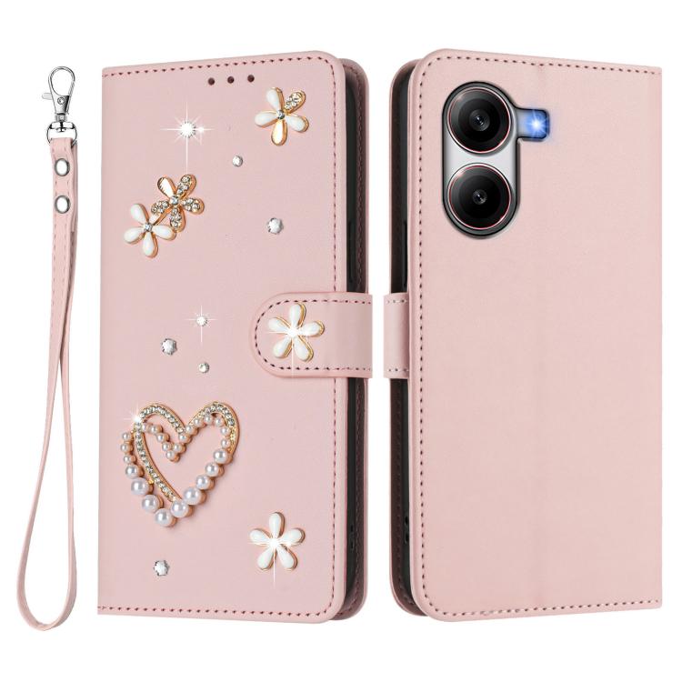 For Xiaomi Poco X7 Pro 5G / Redmi Turbo 4 ZS01 Double-Layer Heart Floral Vegan Leather Phone Case with Wrist Strap