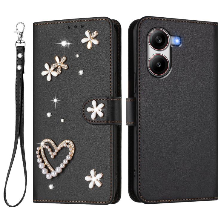 For Xiaomi Poco X7 Pro 5G / Redmi Turbo 4 ZS01 Double-Layer Heart Floral Vegan Leather Phone Case with Wrist Strap