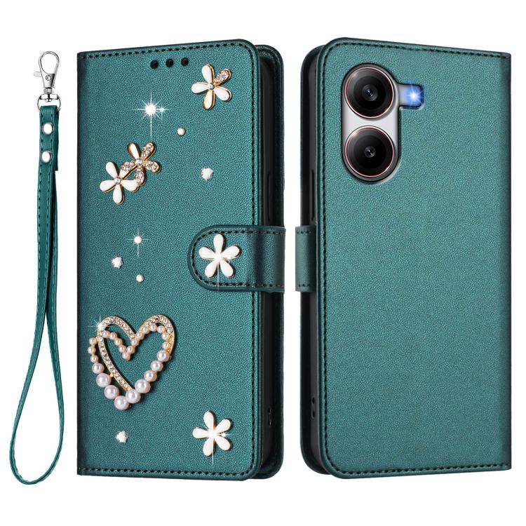 For Xiaomi Poco X7 Pro 5G / Redmi Turbo 4 ZS01 Double-Layer Heart Floral Vegan Leather Phone Case with Wrist Strap