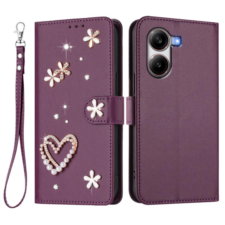 For Xiaomi Poco X7 Pro 5G / Redmi Turbo 4 ZS01 Double-Layer Heart Floral Vegan Leather Phone Case with Wrist Strap