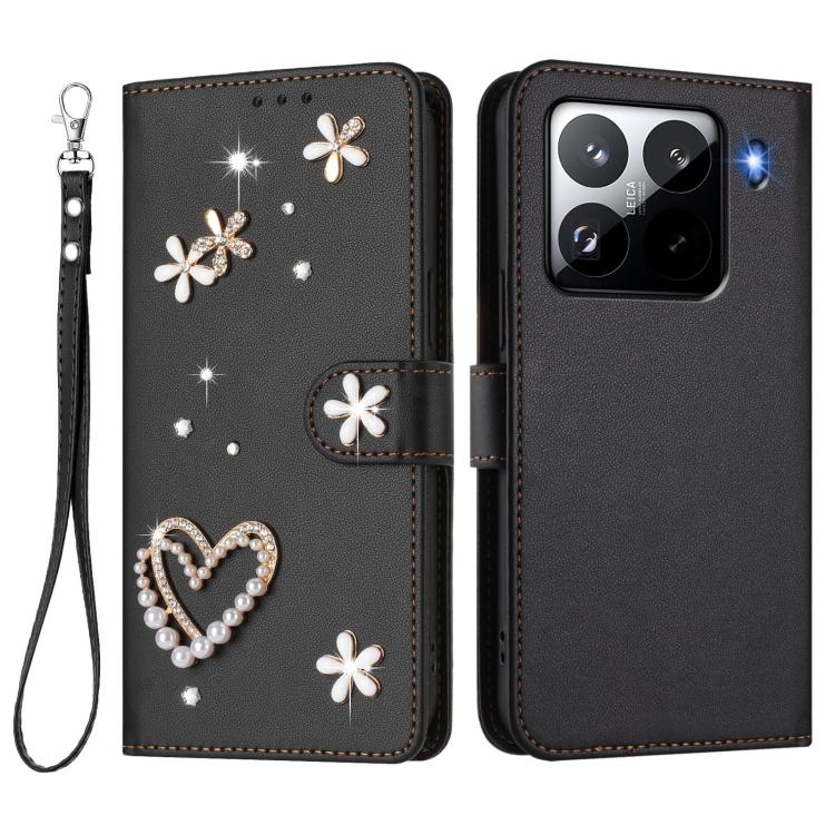 For Xiaomi 15 Pro 5G ZS01 Double-Layer Heart Floral Vegan Leather Phone Case with Wrist Strap