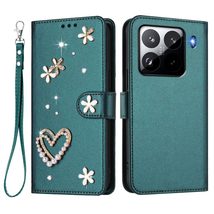For Xiaomi 15 Pro 5G ZS01 Double-Layer Heart Floral Vegan Leather Phone Case with Wrist Strap