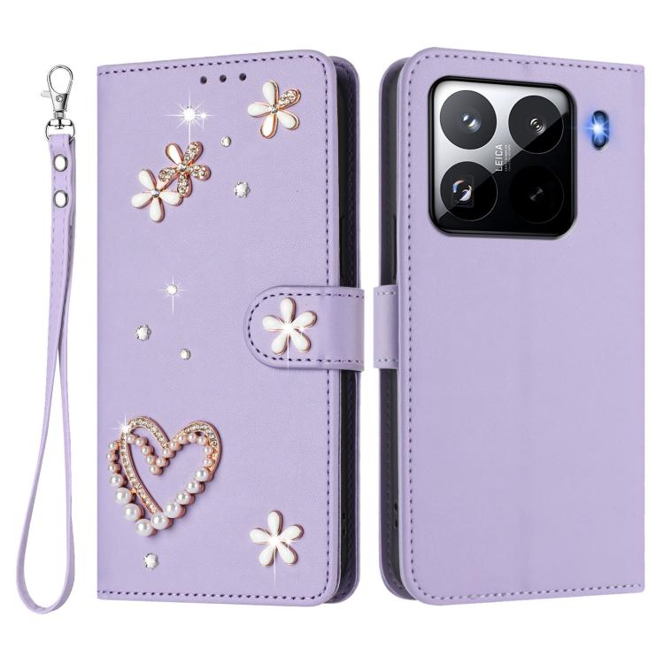 For Xiaomi 15 Pro 5G ZS01 Double-Layer Heart Floral Vegan Leather Phone Case with Wrist Strap