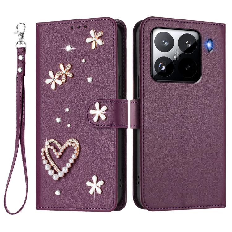 For Xiaomi 15 Pro 5G ZS01 Double-Layer Heart Floral Vegan Leather Phone Case with Wrist Strap