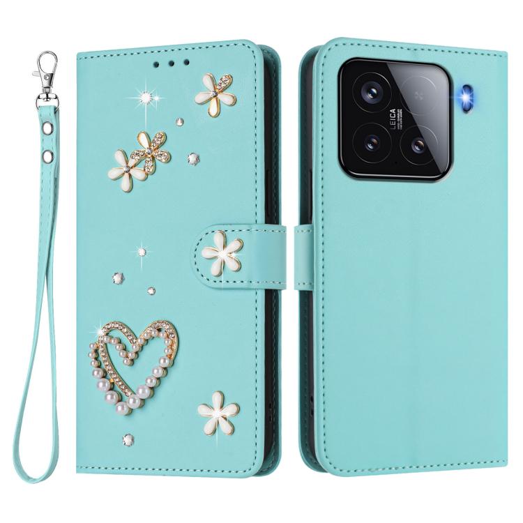 For Xiaomi 15 5G ZS01 Double-Layer Heart Floral Vegan Leather Phone Case with Wrist Strap