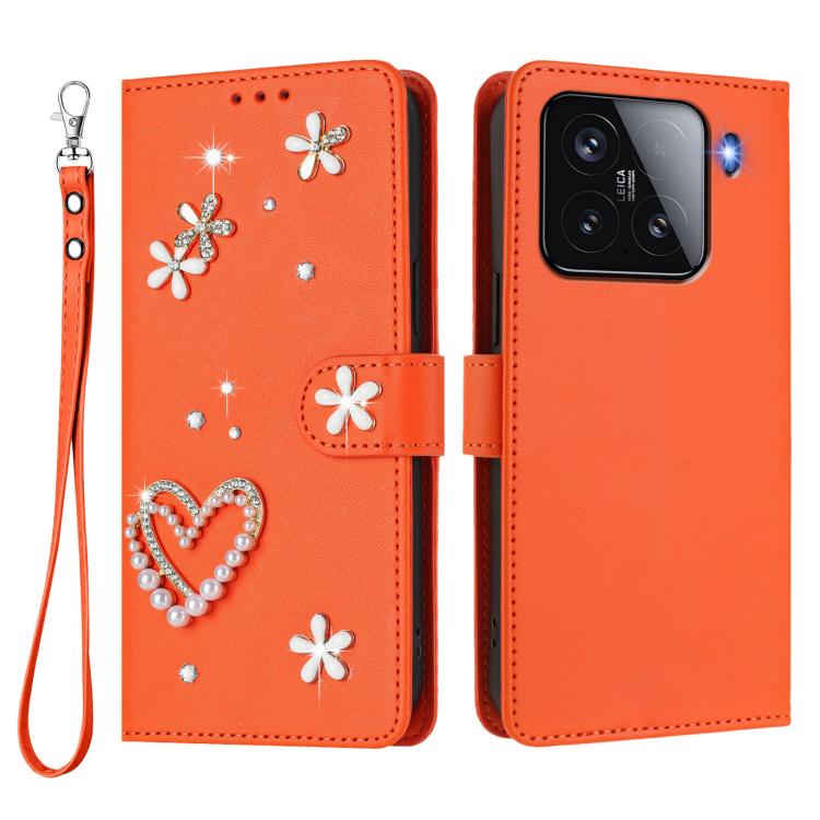 For Xiaomi 15 5G ZS01 Double-Layer Heart Floral Vegan Leather Phone Case with Wrist Strap