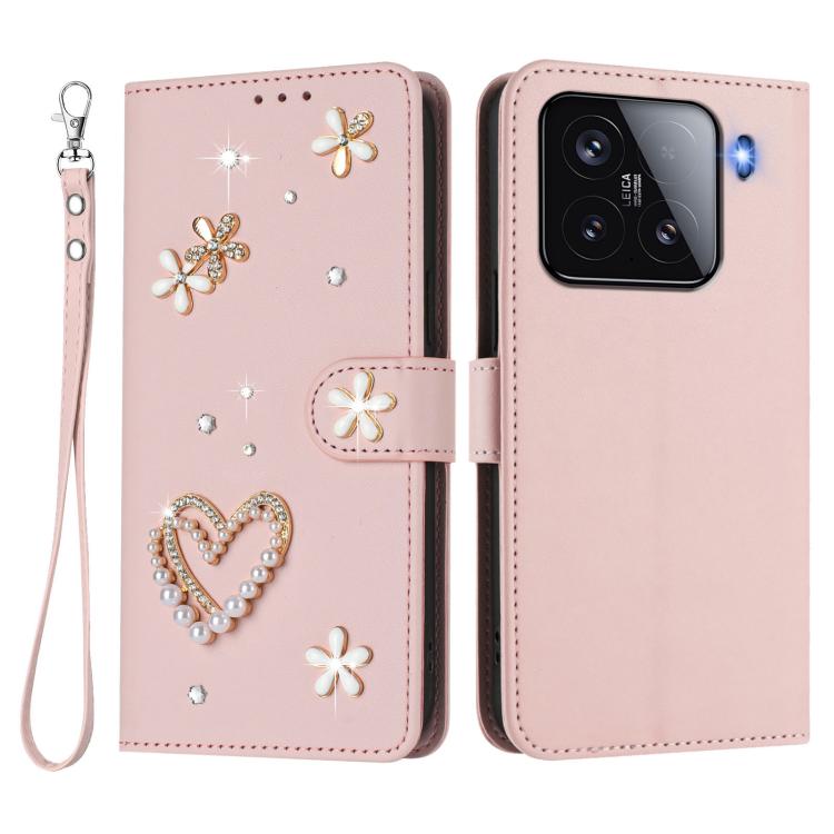 For Xiaomi 15 5G ZS01 Double-Layer Heart Floral Vegan Leather Phone Case with Wrist Strap