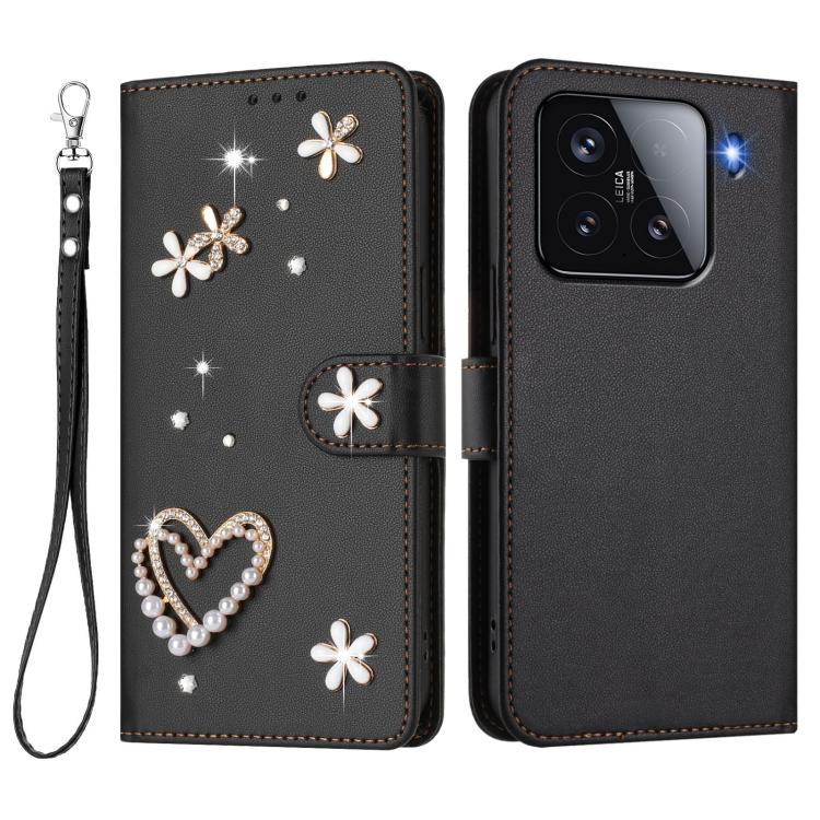 For Xiaomi 15 5G ZS01 Double-Layer Heart Floral Vegan Leather Phone Case with Wrist Strap