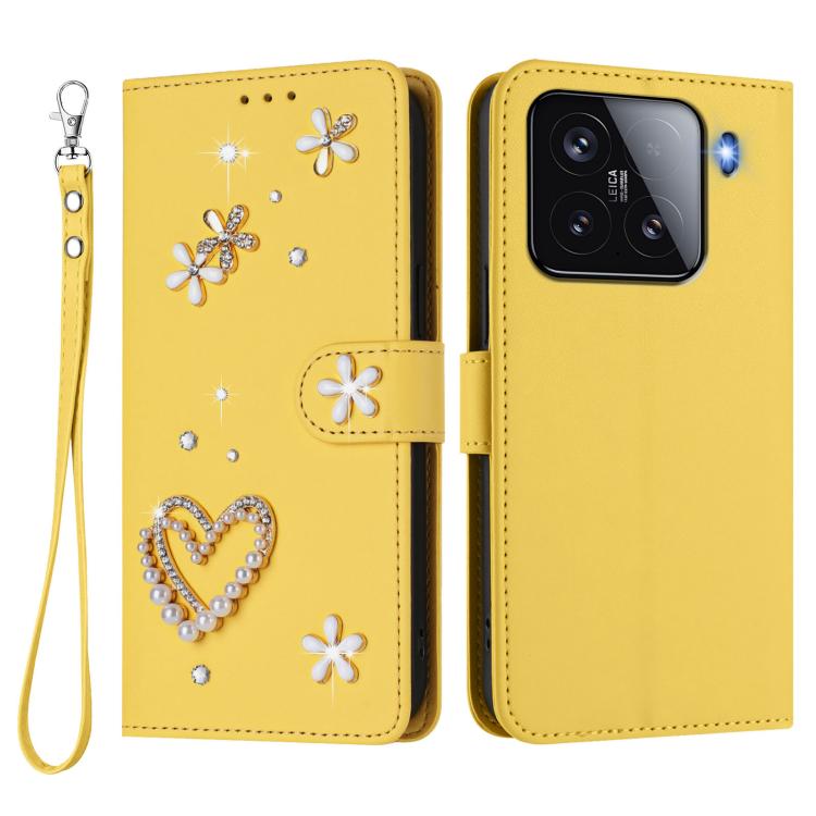 For Xiaomi 15 5G ZS01 Double-Layer Heart Floral Vegan Leather Phone Case with Wrist Strap
