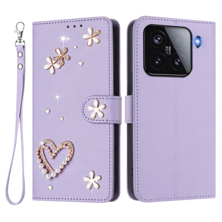 For Xiaomi 15 5G ZS01 Double-Layer Heart Floral Vegan Leather Phone Case with Wrist Strap