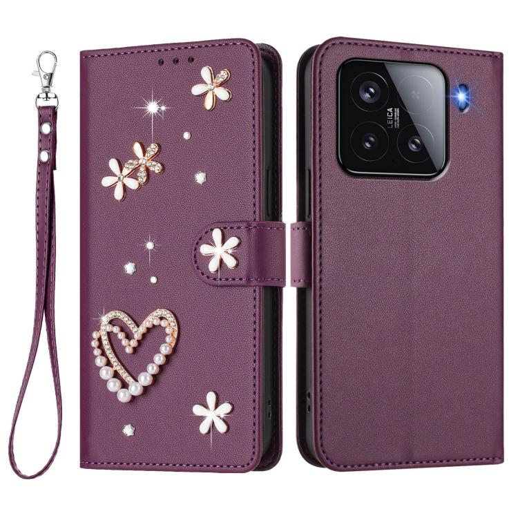 For Xiaomi 15 5G ZS01 Double-Layer Heart Floral Vegan Leather Phone Case with Wrist Strap