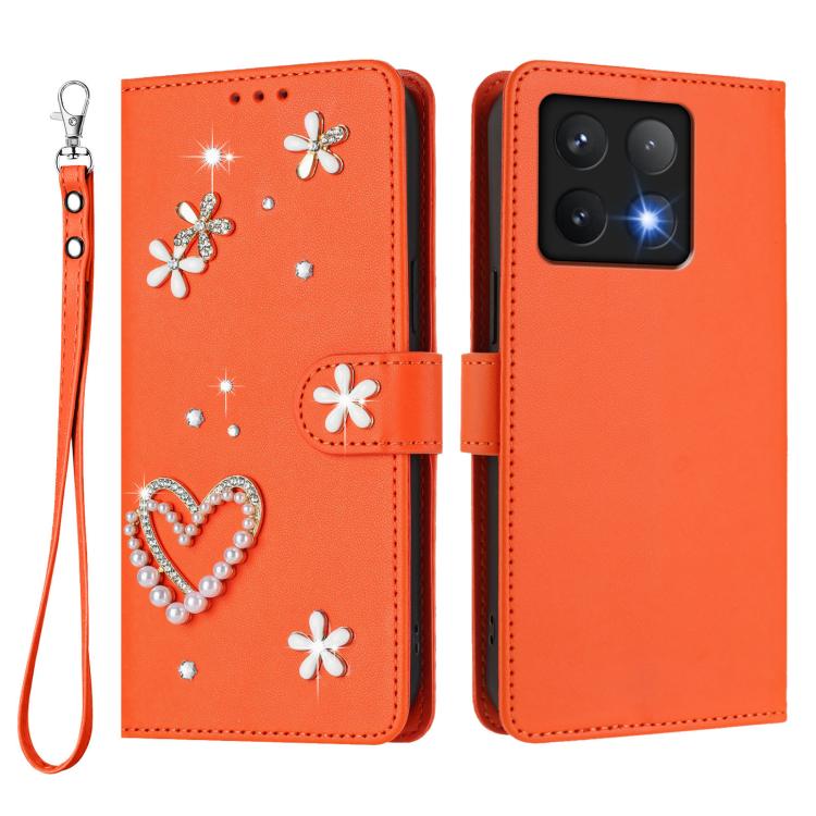 For Xiaomi 14T Pro 5G ZS01 Double-Layer Heart Floral Vegan Leather Phone Case with Wrist Strap