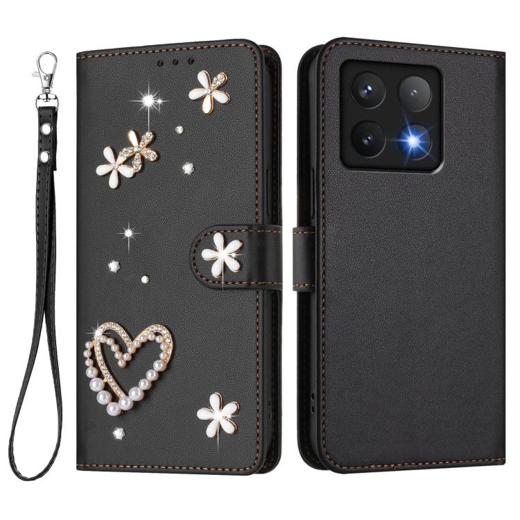For Xiaomi 14T Pro 5G ZS01 Double-Layer Heart Floral Vegan Leather Phone Case with Wrist Strap