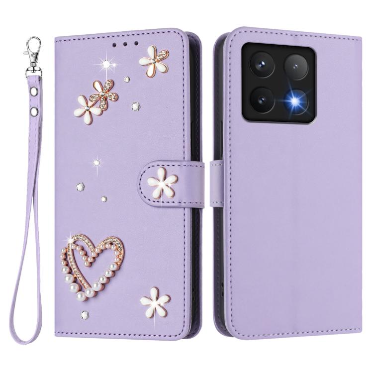For Xiaomi 14T Pro 5G ZS01 Double-Layer Heart Floral Vegan Leather Phone Case with Wrist Strap