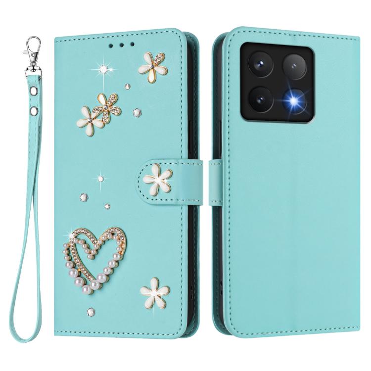 For Xiaomi 14T 5G ZS01 Double-Layer Heart Floral Vegan Leather Phone Case with Wrist Strap
