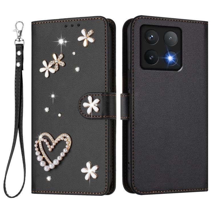 For Xiaomi 14T 5G ZS01 Double-Layer Heart Floral Vegan Leather Phone Case with Wrist Strap