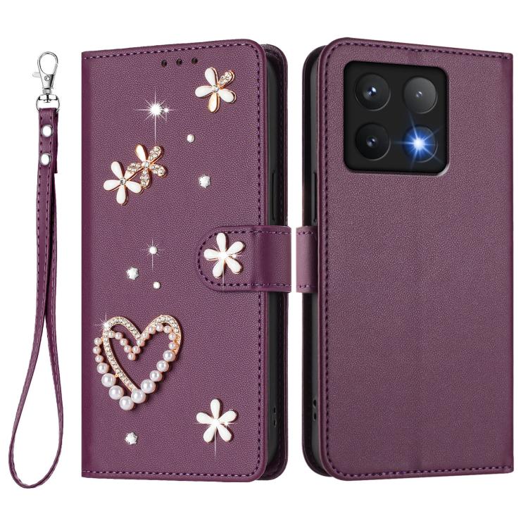 For Xiaomi 14T 5G ZS01 Double-Layer Heart Floral Vegan Leather Phone Case with Wrist Strap