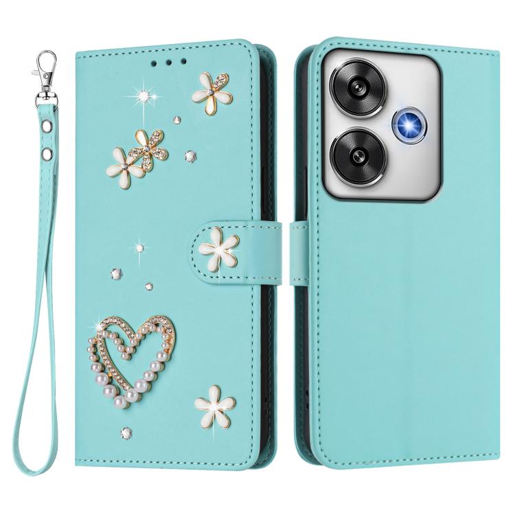 For Xiaomi Poco F6 5G / Redmi Turbo 3 ZS01 Double-Layer Heart Floral Vegan Leather Phone Case with Wrist Strap