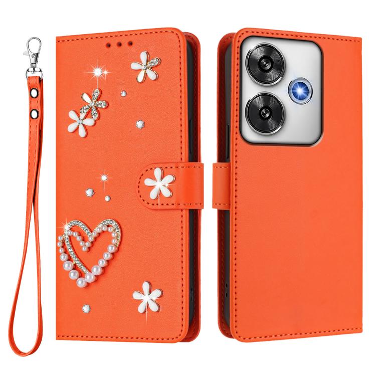For Xiaomi Poco F6 5G / Redmi Turbo 3 ZS01 Double-Layer Heart Floral Vegan Leather Phone Case with Wrist Strap