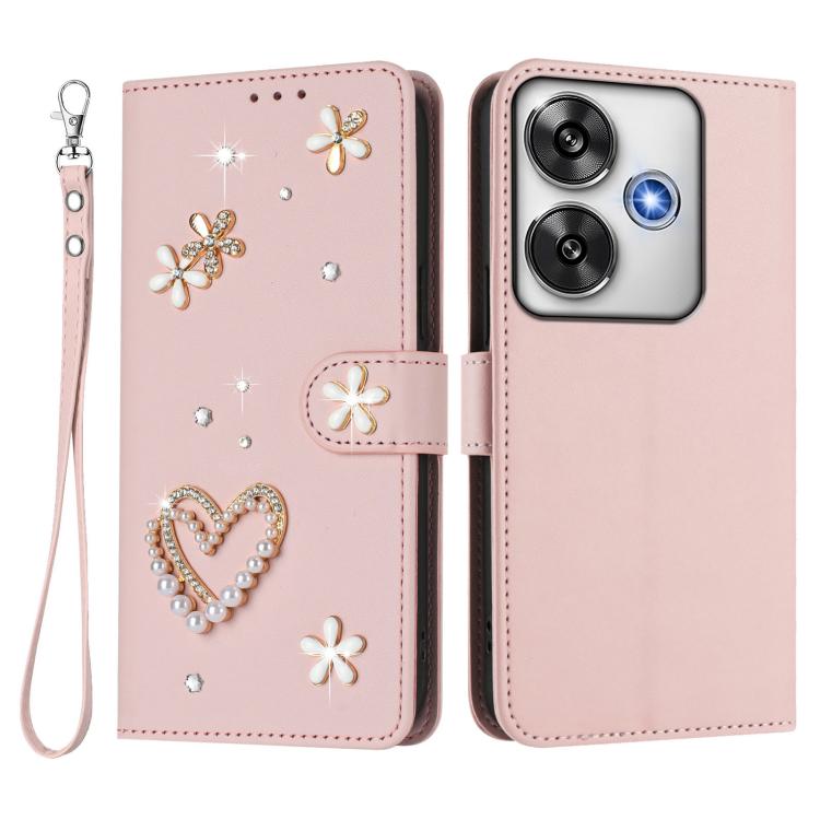 For Xiaomi Poco F6 5G / Redmi Turbo 3 ZS01 Double-Layer Heart Floral Vegan Leather Phone Case with Wrist Strap