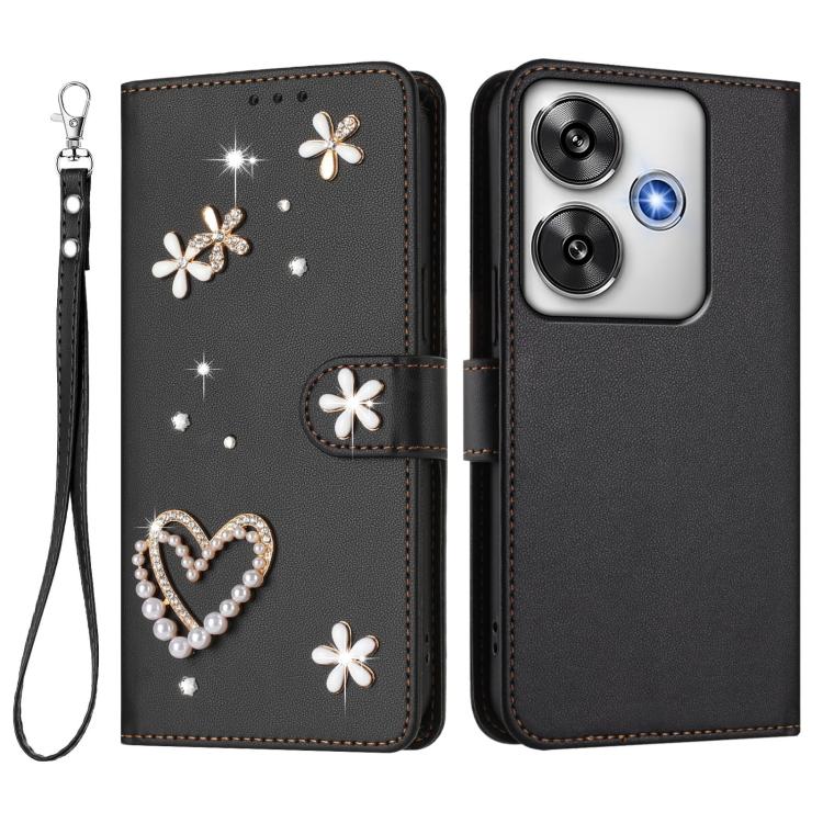 For Xiaomi Poco F6 5G / Redmi Turbo 3 ZS01 Double-Layer Heart Floral Vegan Leather Phone Case with Wrist Strap