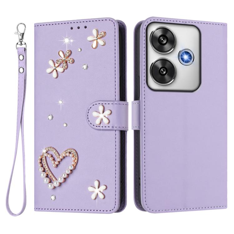 For Xiaomi Poco F6 5G / Redmi Turbo 3 ZS01 Double-Layer Heart Floral Vegan Leather Phone Case with Wrist Strap